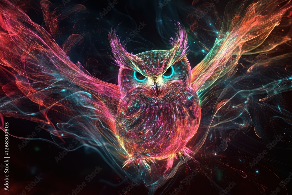Poster abstract glowing owl artwork with motion trails, created with neon plexus patterns and set on a dark
