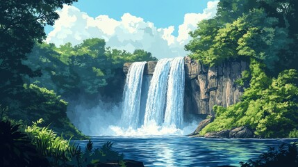 Naklejka premium Majestic Waterfall Surrounded by Lush Green Forest Under a Clear Blue Sky with Fluffy Clouds