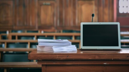 An academic podium with a stack of papers and a laptop
