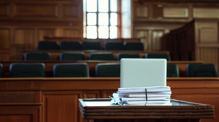 An academic podium with a stack of papers and a laptop