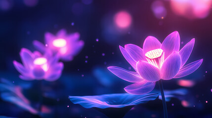 Purple flower background with glowing neon double lotus creating a beautiful depth of field effect. Neon Lotus Fields. Illustration