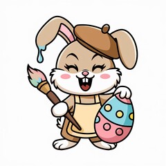 A rabbit wearing a painter's hat painting an Easter egg