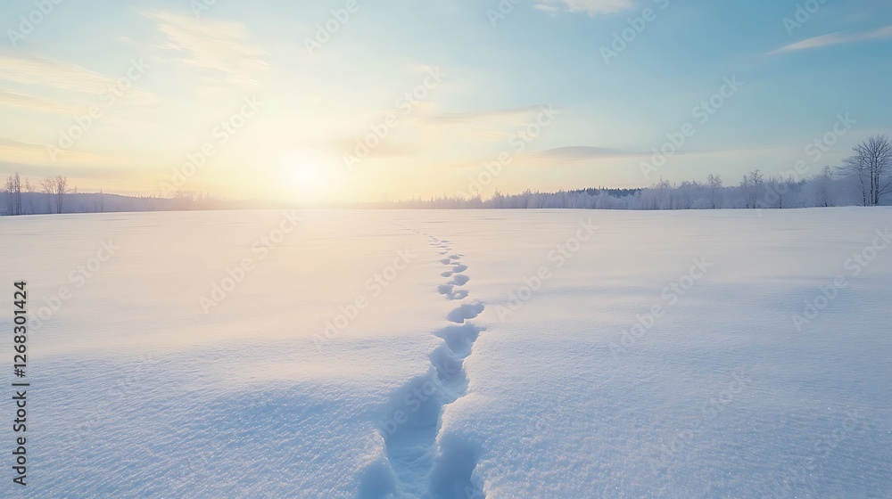 Poster a serene winter landscape featuring an open field blanketed in pristine snow.