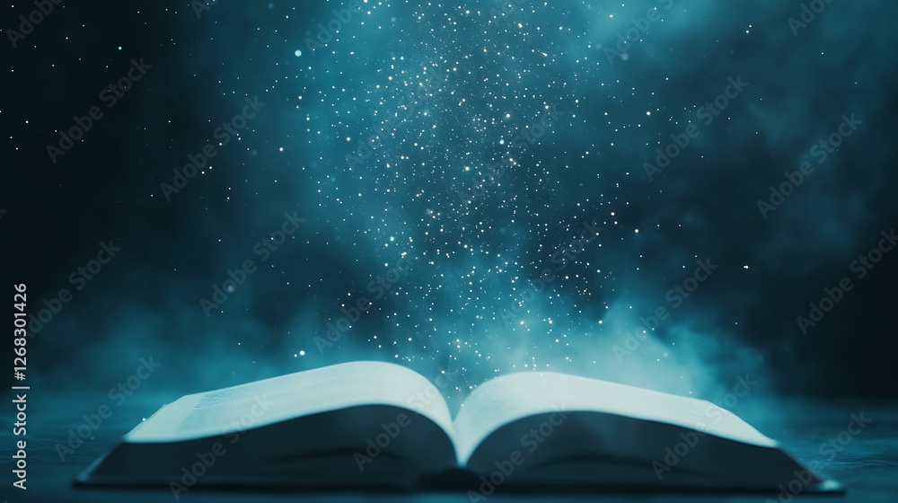 Poster a close-up of an open book resting on a dark surface, showcasing its pages in a moody setting.