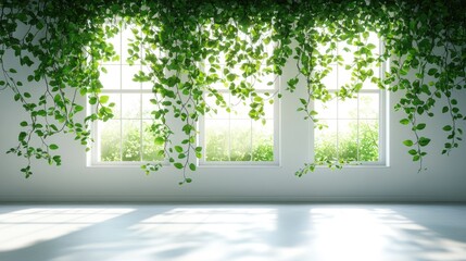 Obraz premium Lush green vines cascading from windows in a bright, serene indoor space with natural light