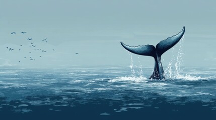 Fototapeta premium Majestic Whale Tail Breaking Surface in Tranquil Ocean Waters with Gentle Splashes and Soft Light