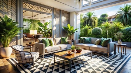 Sydney Art Deco Patio: Modern Interior Design, High Depth of Field Stock Photo
