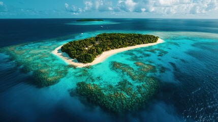 Aerial View of a Pristine Tropical Island Surrounded by Turquoise Waters and Lush Greenery Under Bright Blue Sky