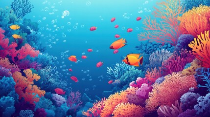 Fototapeta premium Vibrant Underwater Coral Reef with Colorful Fish and Bubbles in Crystal Clear Ocean Water Background