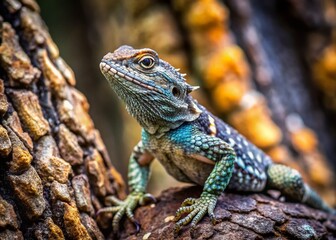 Obraz premium Texas Spiny Lizard Camouflaged on Tree Bark - Wildlife Stock Photo