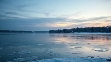 Obraz premium Snowflakes gently fall on a serene frozen lake at dusk, cold, frosty