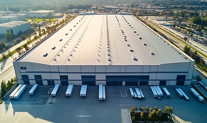 A large industrial warehouse featuring a flat EPDM roof, suitable for commercial purposes.