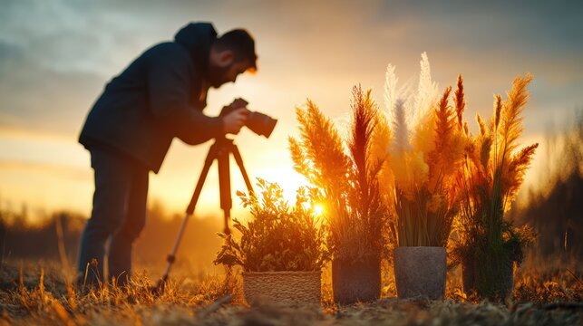Silhouette of a man photographing a field with a camera on a tripod during sunset or sunrise
