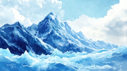 Obraz premium Majestic Mountain Landscape with Icebergs and Cloudy Sky in Serene Blue Tones