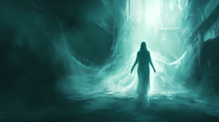 Fototapeta premium Ethereal transcendence - glowing essence detaching from figure in shadowy interior, concept of spiritual release and transformation. Tide-Touched Spirits. Illustration