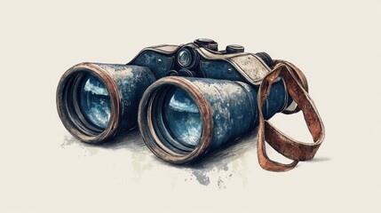Vintage binoculars with weathered texture and leather strap resting on a soft background