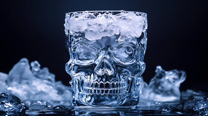 Fotografia de vaso de cristal tallado con forma de calavera y bebida con hielo en su interior, con fondo negro. Tide-Touched Spirits. Illustration