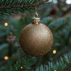 Gold glitter ornament hanging on Christmas tree with bokeh lights