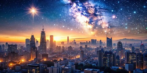 Obraz premium Tokyo Dawn: Pleiades Star Cluster Over Urban Skyline - Winter Solstice