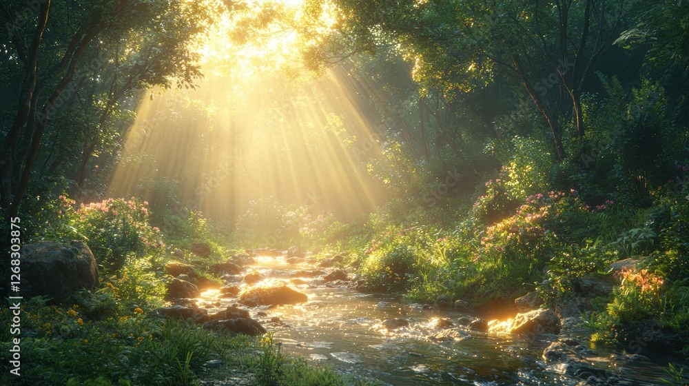 Poster Serene forest scene with sunlight streaming through trees over a flowing stream.