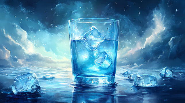 Un vaso de refresco fresco y crujiente, con cubitos de hielo que se derriten lentamente y agregan un toque de dulzura a cada sorbo. Tide-Touched Spirits. Illustration