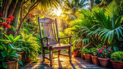 Obraz premium Tropical Porch Scene: Sketch-Style Wooden Chair Amid Lush Foliage