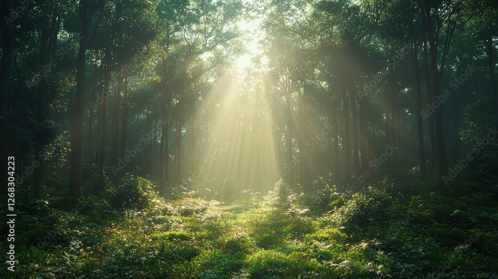 Poster sunlight filters through a lush forest, creating a serene and tranquil atmosphere.