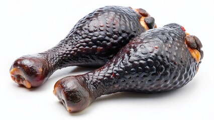 Obraz premium Two Fresh Black Chicken Drumsticks on White Background - Raw Poultry Meat
