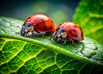Fototapeta premium Two Ladybugs on Vibrant Green Leaf - Macro Nature Photography