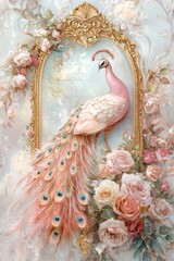 A beautiful painting of a pink peacock with a gold frame