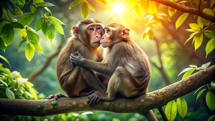 Fototapeta premium Two Monkeys Embracing on Lush Green Tree Branch - Wildlife Stock Photo