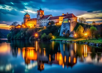 Obraz premium Tyniec Abbey Poland Spring Night Photography - Majestic Monastery at Dusk