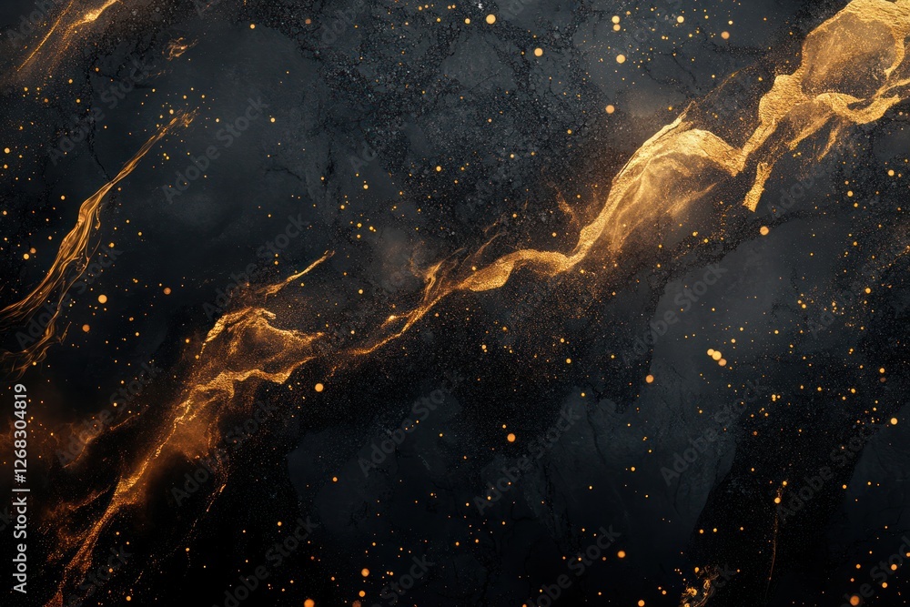 Wall mural an abstract pattern of gold fluid ink on a black marble-textured background.