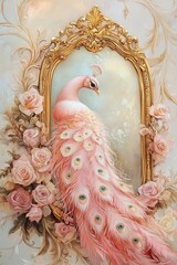 Obraz premium A painting of a pink peacock with gold trim and flowers