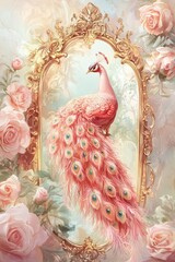 Obraz premium A painting of a pink peacock with gold trim and a gold frame