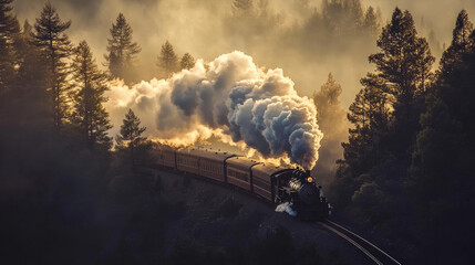 Vintage Steam Train Passing Through a Foggy Forest at Sunrise