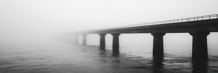 The bridge across the sea, the first half of the bridge is clearly visible, and the second half is hidden in the fog.