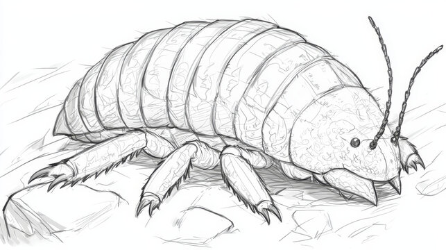 Pencil sketch of segmented arthropod,  detailed exoskeleton and long antennae