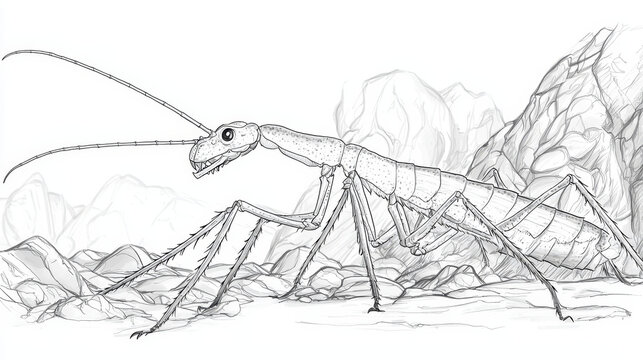 Pencil sketch of giant insect amidst rocky terrain