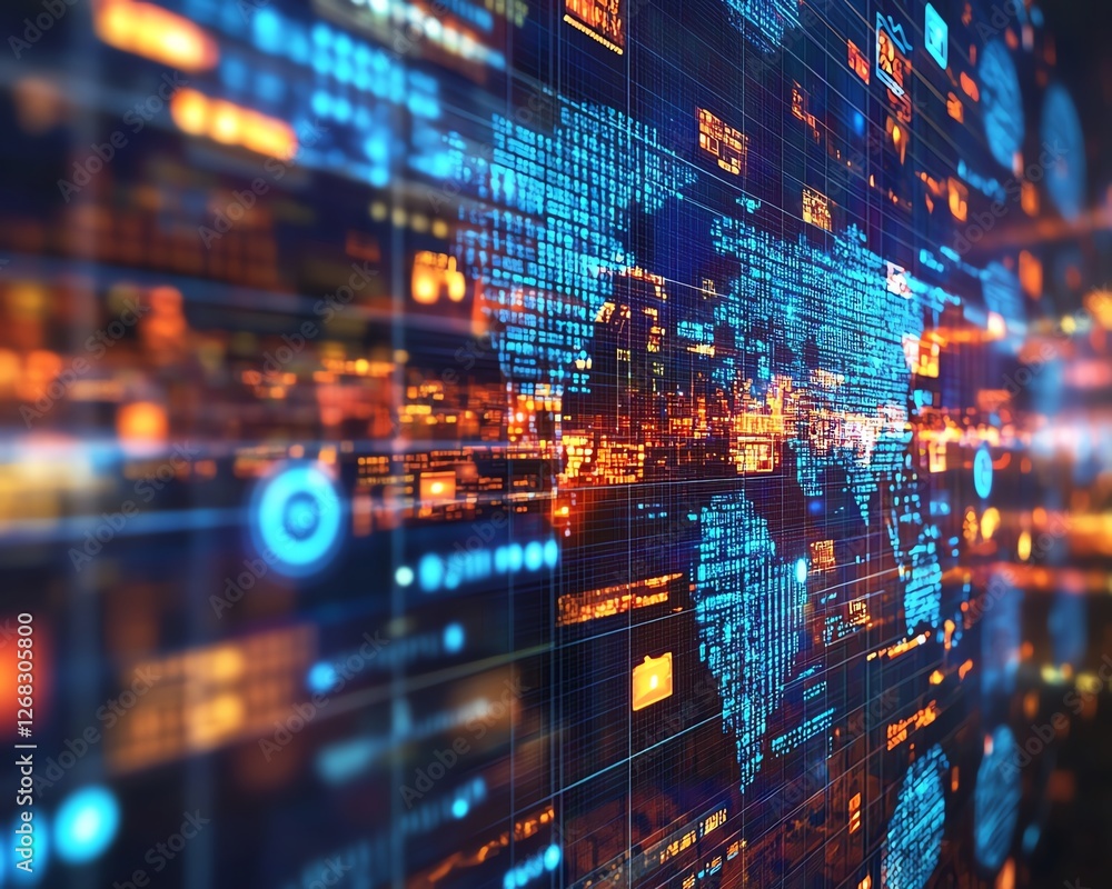 Poster illustration of a global network with media content floating through the digital cloud, symbolizing 