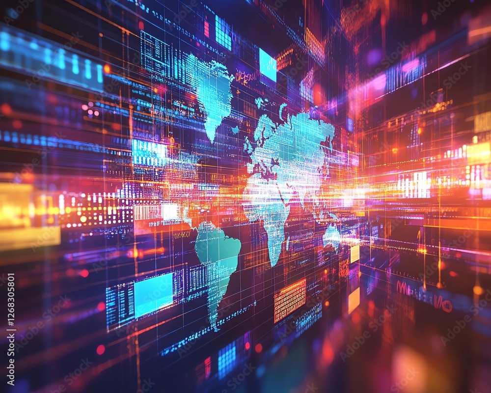 Poster illustration of a global network with media content floating through the digital cloud, symbolizing 