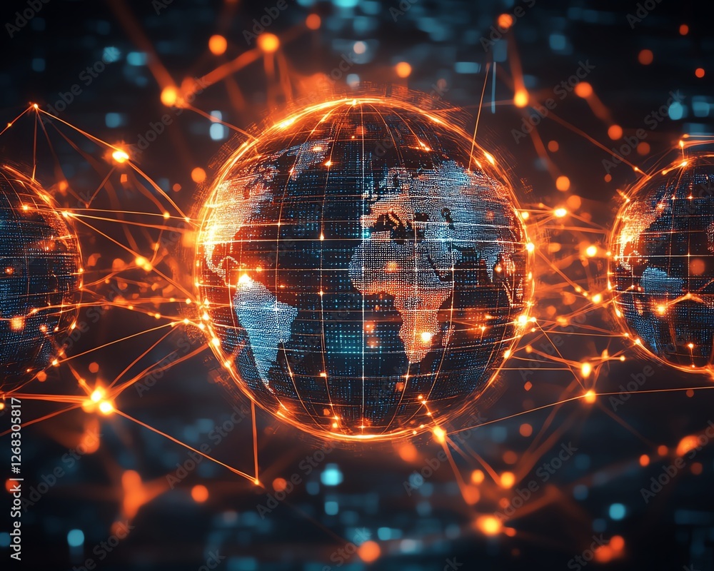 Poster illustration of a global network with media content floating through the digital cloud, symbolizing 