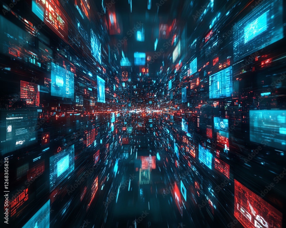 Poster illustration of a global network with media content floating through the digital cloud, symbolizing 