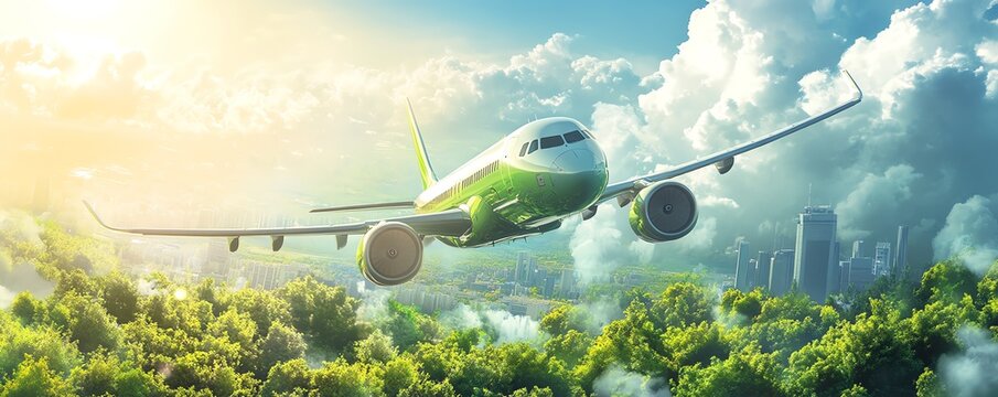 Illustration of green, ecofriendly aviation fuel, showcasing its role in sustainable air travel, with vibrant green hues, clean skies, and innovative aircraft designs