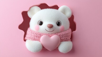 Cute polar bear holding heart, pink background, Valentine's card design