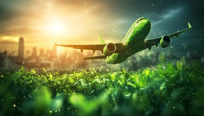Conceptual image of green, ecofriendly fuel for aviation, symbolizing the future of sustainable air travel with vibrant green energy and aviation elements