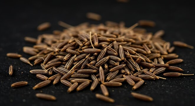 A close-up of cumin seeds with their characteristic elongated shape and warm brown color.