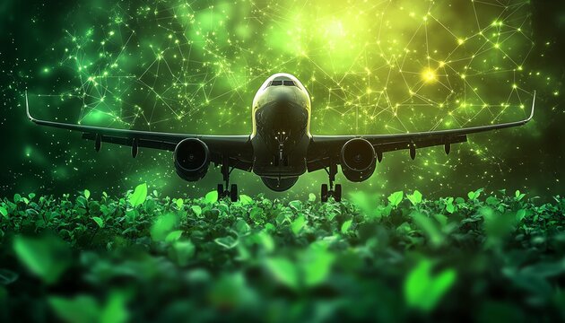 Conceptual image of green, ecofriendly fuel for aviation, symbolizing the future of sustainable air travel with vibrant green energy and aviation elements