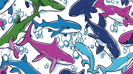 Obraz premium Colorful Cartoon Sharks and Seaweed Pattern Design