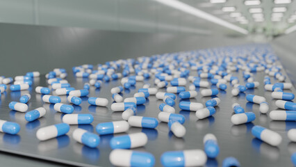An image of the production line for mass-produced blue capsules.